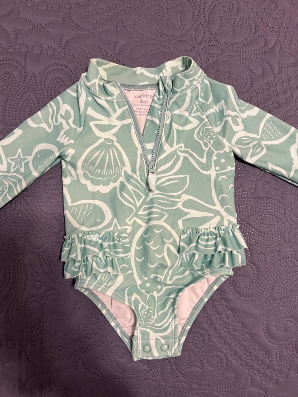Carter's Mint Green Ruffle Long-Sleeve One-Piece Swimsuit